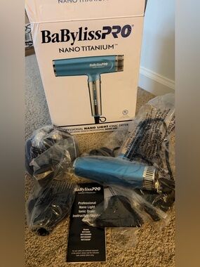 BaByliss Blue and Black Nano Titanium Hair Dryer with Attachments - Dual Voltage